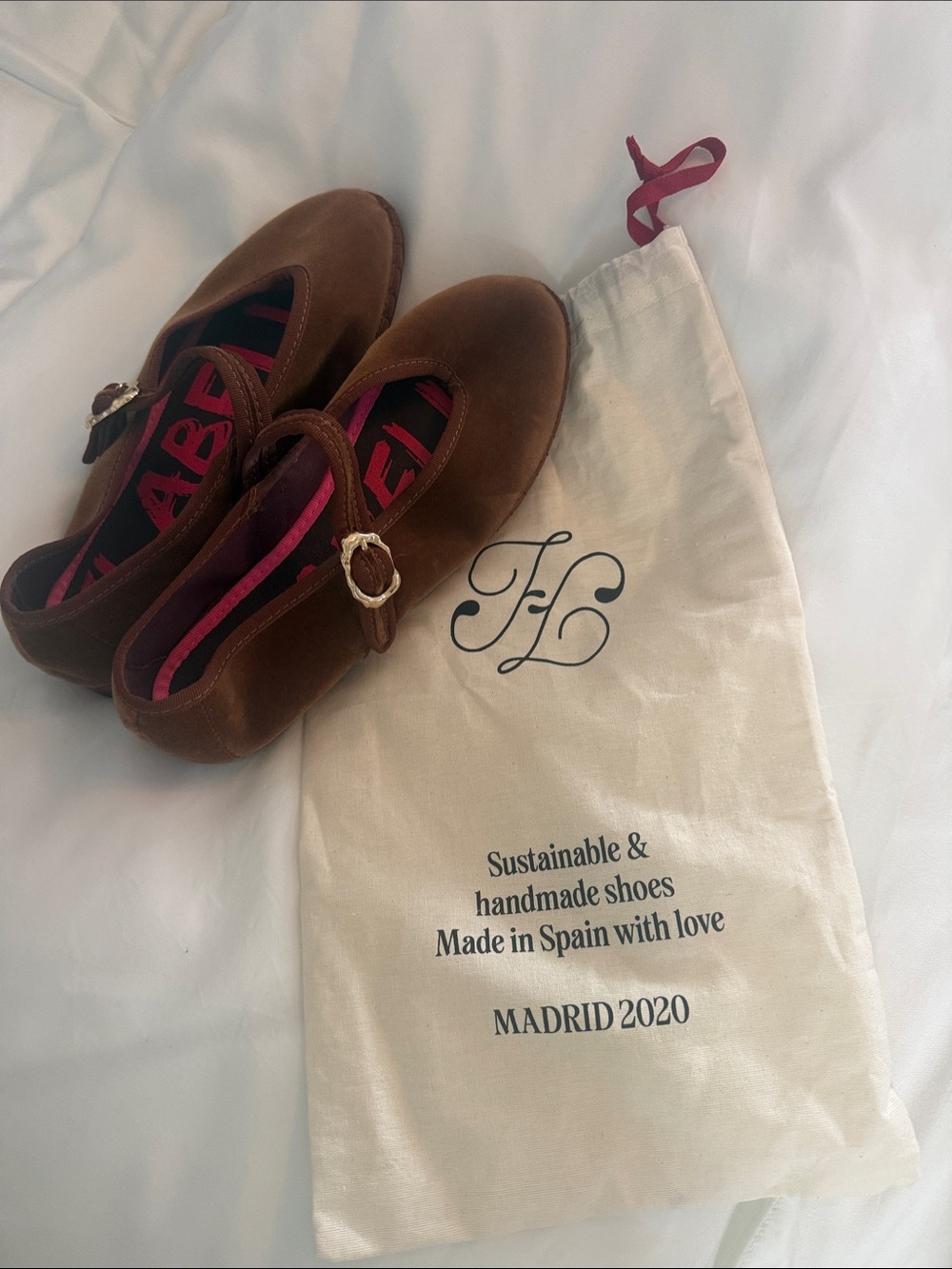 Flabelus Handmade Brown Mary Jane Flats with Pink Lining